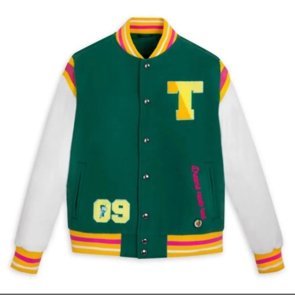 Disney Princess & the Frog Tiana Jacket Womens Sz L Green Varsity Letterman Snap